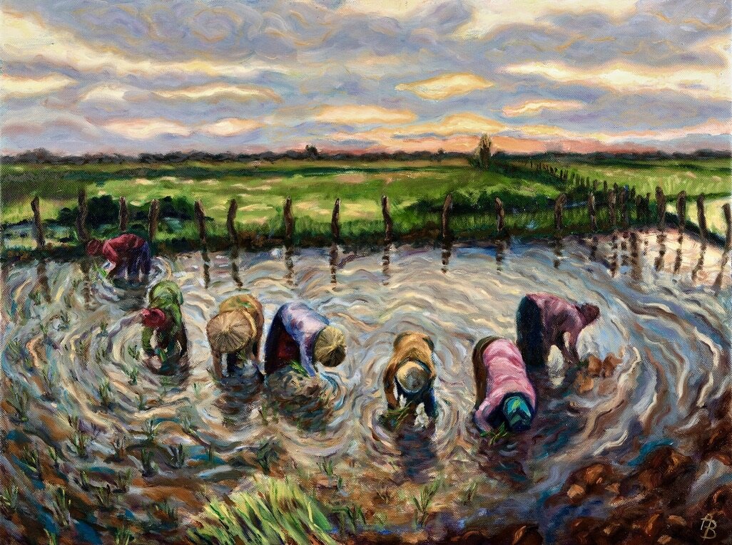 Cambodian Rice Fields, oil on canvas painting by Angela Beekers-Uberoi