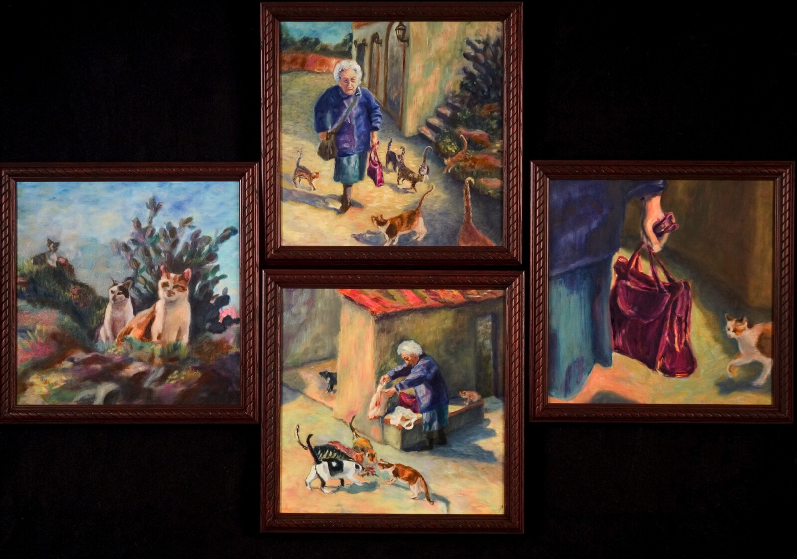 The Cat Lady, set of 4 oil on canvas paintings by Angela Beekers-Uberoi