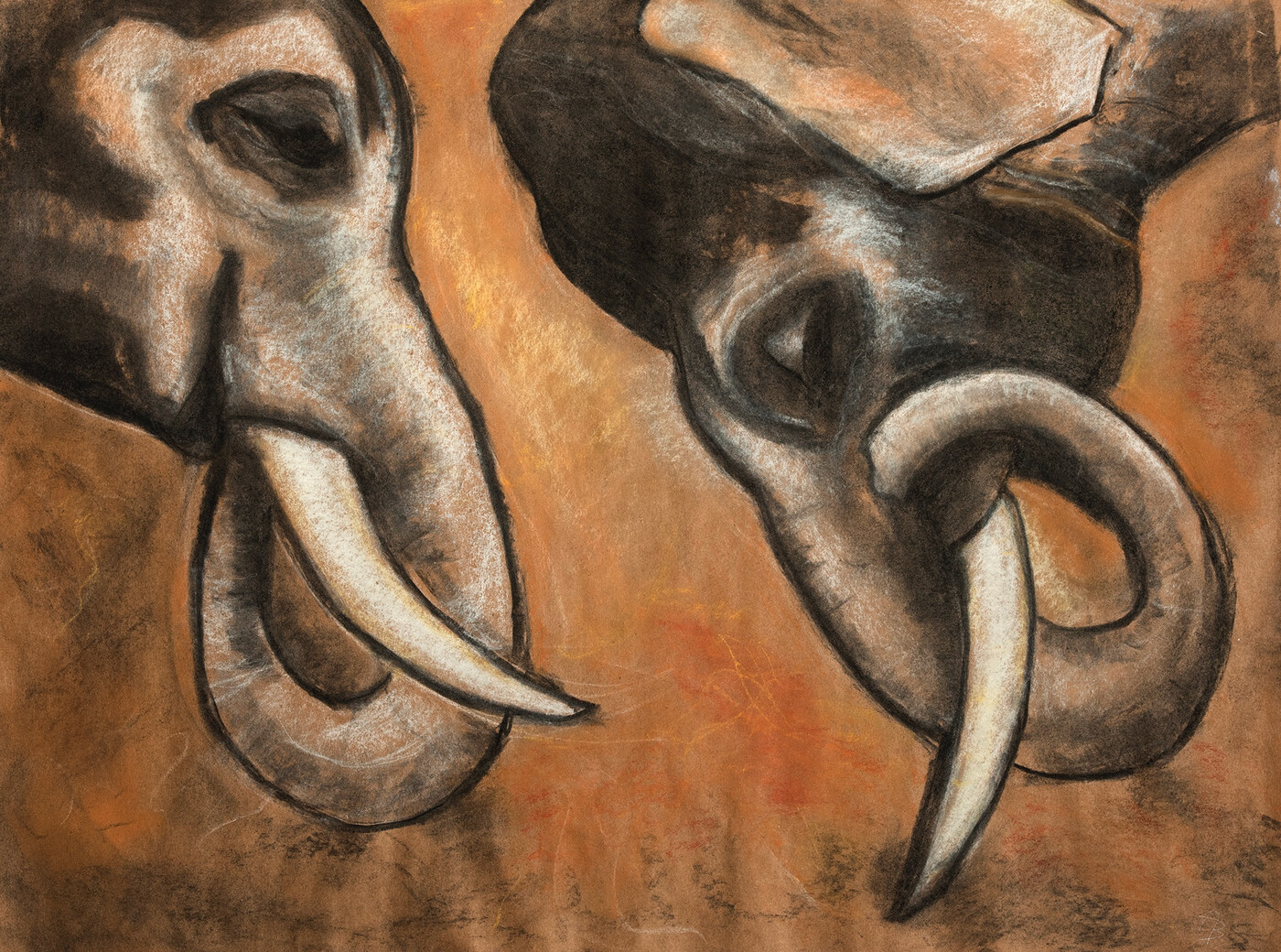 Elephant Bowing, charcoal and pastel on brown paper by Angela Beekers-Uberoi