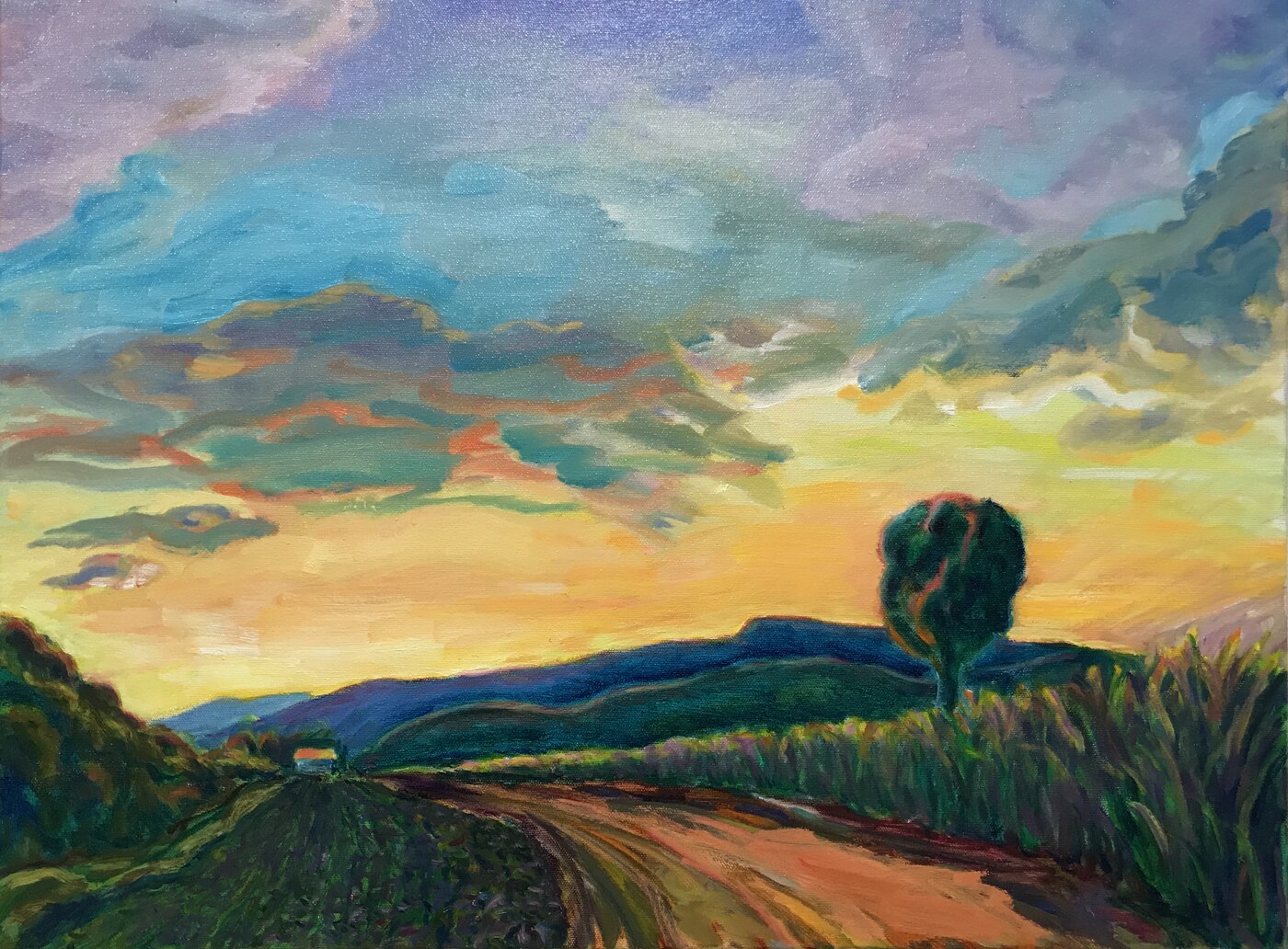Farm at Sunset, oil on canvas painting by Angela Beekers-Uberoi