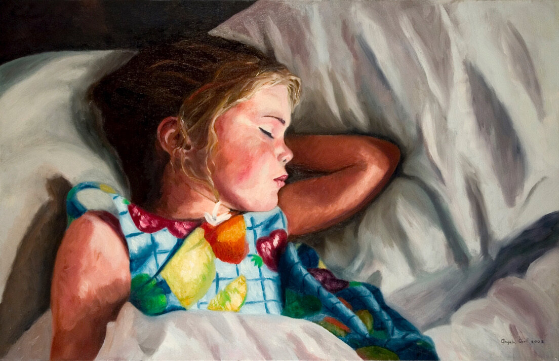 Daughter on Pillow, oil on canvas painting by Angela Beekers-Uberoi