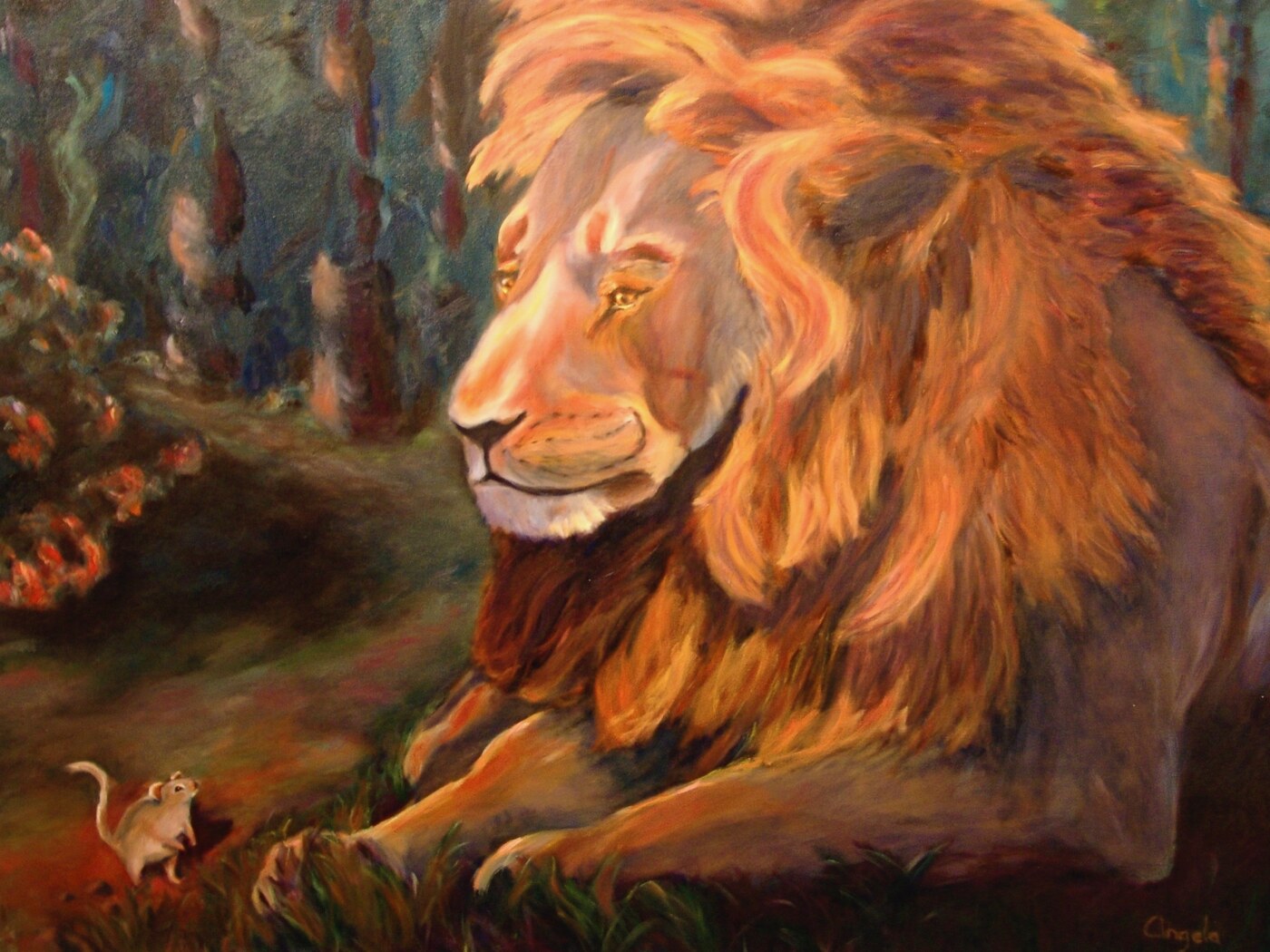 The Lion and the Mouse, oil on canvas painting by Angela Beekers-Uberoi