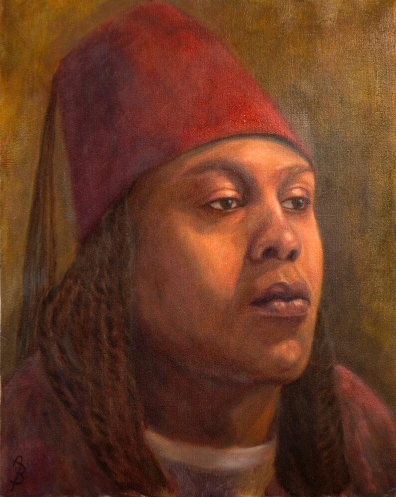 Man with Fez, oil on canvas painting by Angela Beekers-Uberoi