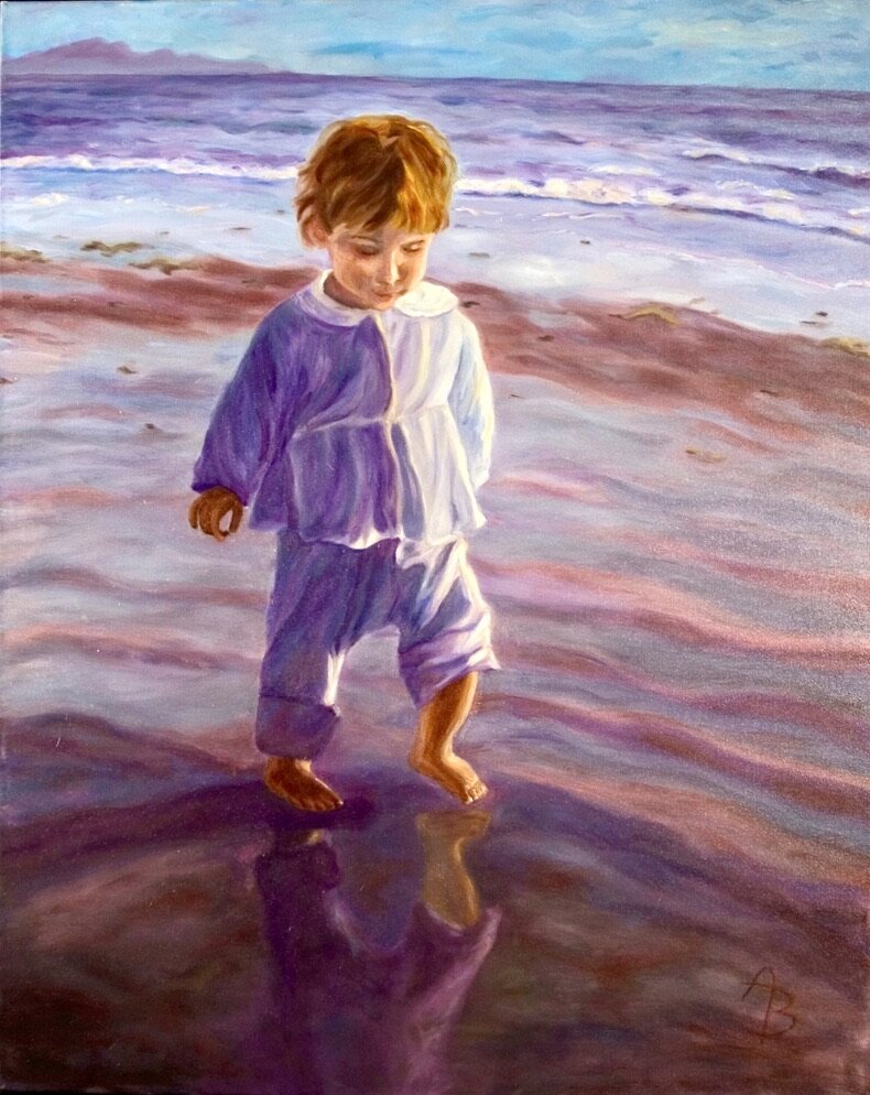 Toddler on the Beach, oil on canvas painting by Angela Beekers-Uberoi